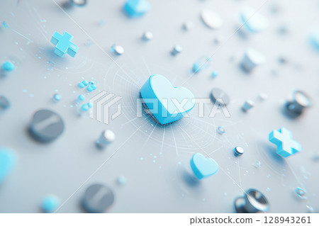 A medical image of blue heart-shaped pills lined up on a clean, soft blue-white background 128943261