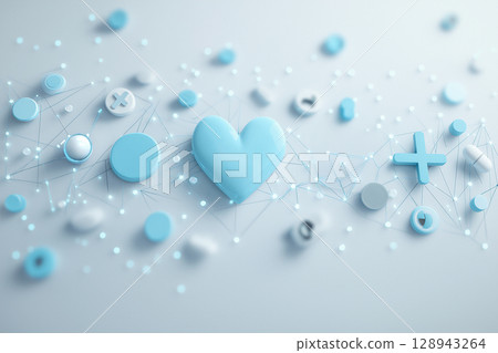 A medical image of blue heart-shaped pills lined up on a clean, soft blue-white background 128943264