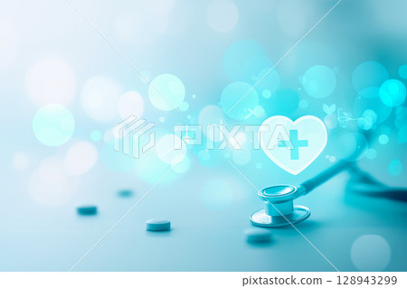 A medical image of blue heart-shaped pills and a stethoscope lined up on a clean, soft blue-white background 128943299
