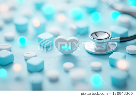 一張醫學影像，其中藍色心形藥丸和聽診器排列在乾淨、柔和的藍白色背景上 128943300