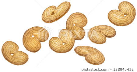 Falling french palmier cookies isolated on white background with clipping path, collection Falling french palmier cookies isolated on white background with clipping path, collection 128943432