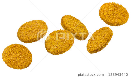 Chicken burger patty isolated on white background with clipping path 128943440
