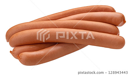 Raw frankfurter sausages isolated on white background, full depth of field Raw frankfurter sausages isolated on white background, full depth of field 128943443