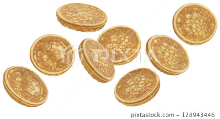 Falling pancakes isolated on white background with clipping path, package design element 128943446