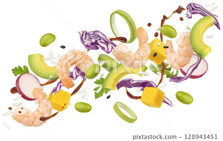 Falling shrimp poke, traditional Hawaiian raw fish salad with teriyaki sauce isolated on white background with clipping path Falling shrimp poke, traditional Hawaiian raw fish salad with teriyaki sauce isolated on white background with clipping path 128943451