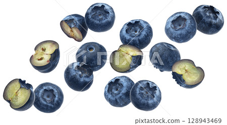 Falling blueberries isolated on white background, full depth of field 128943469