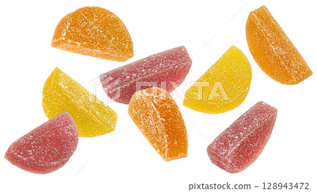 Orange and lemon marmalade candies, citrus jelly slices isolated on white background 128943472