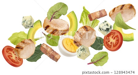 Grilled chicken salad isolated on white background with clipping path, package design element 128943474