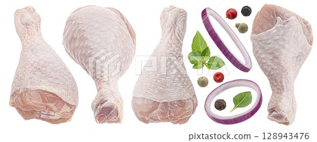 Raw chicken drumsticks with herbs and onion rings isolated on white background with clipping path, collection, full depth of field 128943476