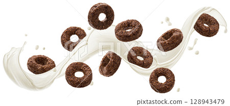 Falling chocolate corn rings with milk splash isolated on white background with clipping path 128943479