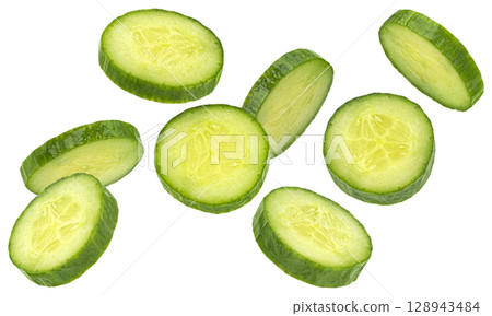 Falling cucumber slices isolated on white background with clipping path, full depth of field Falling cucumber slices isolated on white background with clipping path, full depth of field 128943484