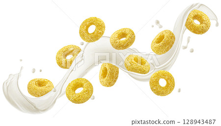 Falling corn rings with milk splash isolated on white background with clipping path 128943487