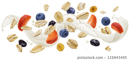 Falling rolled oat flakes with milk splash, blueberry and strawberry slices isolated on white background 128943495