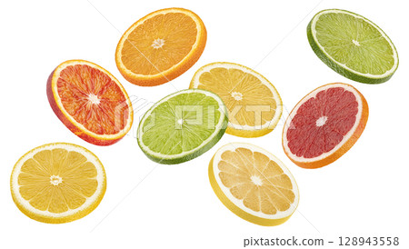 Mix of citrus fruit, falling orange, grapefruit, lime and lemon slices isolated on white background 128943558