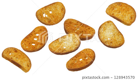 Spicy bruschetta crackers, round bread croutons isolated on white background, full depth of field Spicy bruschetta crackers, round bread croutons isolated on white background, full depth of field 128943570