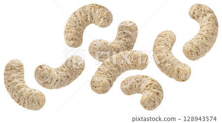 Falling corn sticks isolated on white background with clipping path, full depth of field Falling corn sticks isolated on white background with clipping path, full depth of field 128943574