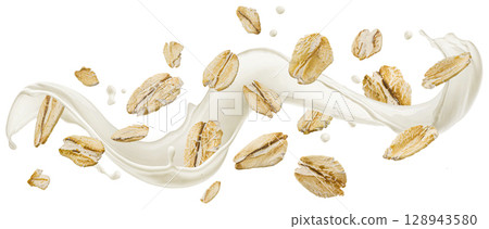 Falling oat flakes with milk splash isolated on white background with clipping path 128943580