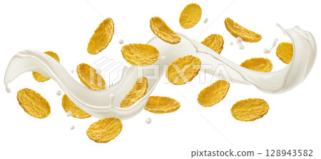 Flying corn flakes with milk splash isolated on white background with clipping path, package design element Flying corn flakes with milk splash isolated on white background with clipping path, package design element 128943582