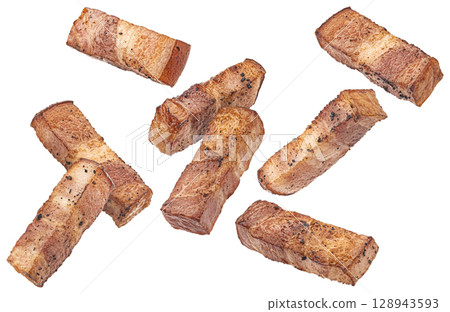 Fried Italian pancetta isolated on white background with clipping path, full depth of field 128943593
