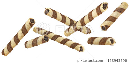 Waffle rolls, striped chocolate and vanilla wafer sticks isolated on white background, full depth of field Waffle rolls, striped chocolate and vanilla wafer sticks isolated on white background, full depth of field 128943596