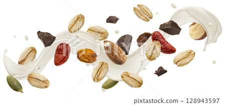 Falling muesli with milk splash isolated on white background with clipping path Falling muesli with milk splash isolated on white background with clipping path 128943597