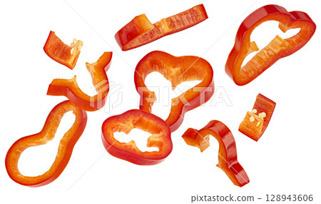 Sweet bell pepper slices, chopped paprika isolated on white background with clipping path, full depth of field Sweet bell pepper slices, chopped paprika isolated on white background with clipping path, full depth of field 128943606
