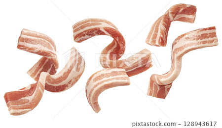 Pork brisket slices isolated on white background with clipping path, full depth of field Pork brisket slices isolated on white background with clipping path, full depth of field 128943617