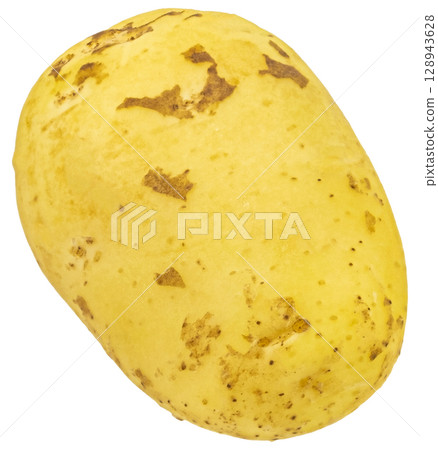 One peeled early potato isolated on white background with clipping path 128943628