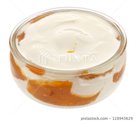 Fruit layered dessert, glass bowl of yogurt with apricot jam isolated on white background, package design element 128943629
