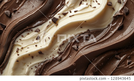 Ice cream with chocolate chunks, macro closeup, top view 128943645