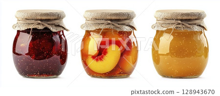 Three jars of fruit jam with strawberry and peach, isolated on white background with clipping path 128943670