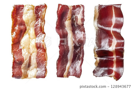 Bacon slices with fat marbling, isolated on white background with clipping path Bacon slices with fat marbling, isolated on white background with clipping path 128943677