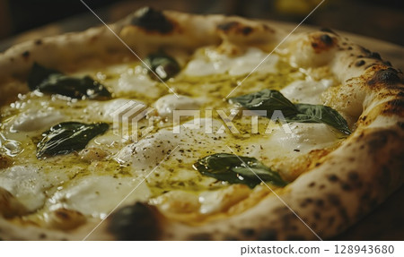 Rustic Italian pizza with melted cheese, basil leaves and golden crust, close up, copy space 128943680