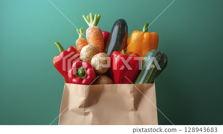 Fresh organic vegetables in paper bag isolated on green background, top view 128943683