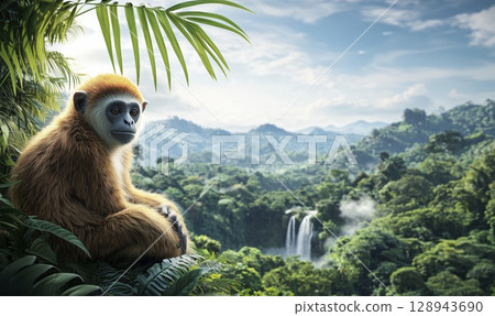 Monkey sitting in tropical jungle on cliff edge above rainforest with waterfall, copy space Monkey sitting in tropical jungle on cliff edge above rainforest with waterfall, copy space 128943690
