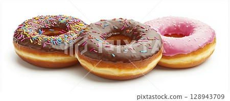 Donuts with sugar and chocolate glaze isolated on white background with clipping path 128943709