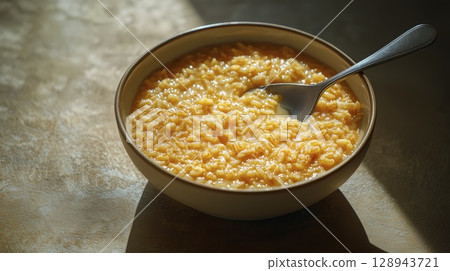 Bulgur porridge in ceramic bowl with spoon, warm sunlight, close up 128943721