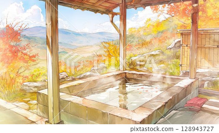 被紅葉包圍的露天浴池和溫泉旅館的秋日風景_4 128943727