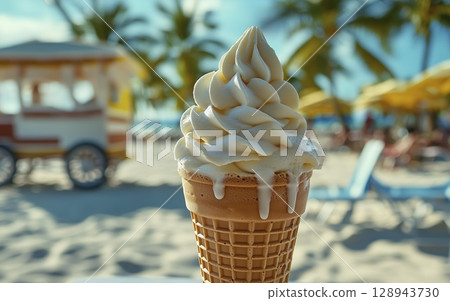 Ice cream cone melting on tropical beach with palm trees in background, copy space 128943730