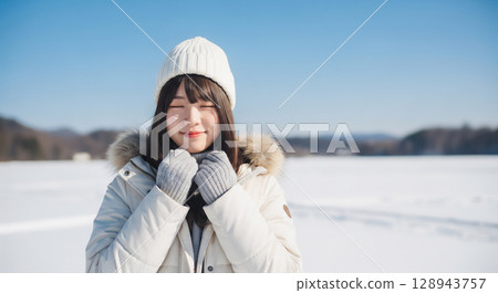 A woman smiling in a winter snow scene 128943757
