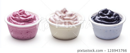 Frozen yogurt swirl served in white bowls, isolated on white background with clipping path 128943766