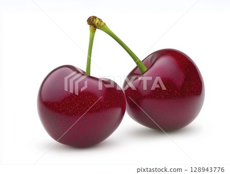 Two fresh red cherries with stems isolated on white background with clipping path 128943776