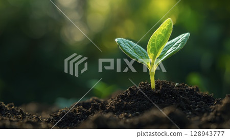 Green sprout growing in dark soil with sunlight and blurred background, copy space 128943777