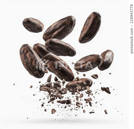 Falling cocoa beans with broken chocolate pieces isolated on white background, copy space 128943778