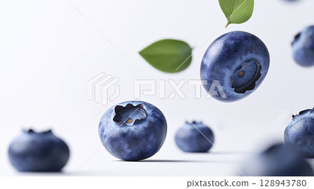Falling blueberries with green leaves isolated on white background, copy space Falling blueberries with green leaves isolated on white background, copy space 128943780