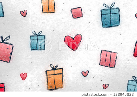 Hand-drawn seamless pattern with colorful hearts and gifts 128943828