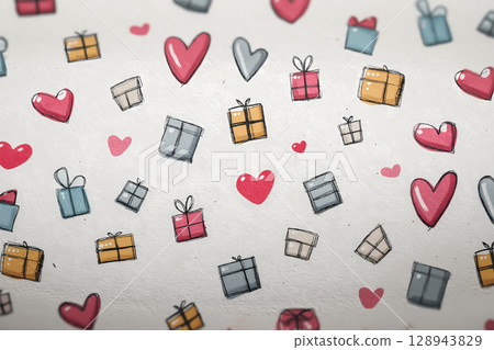 Hand-drawn seamless pattern with colorful hearts and gifts 128943829