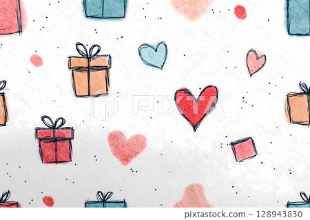 Hand-drawn seamless pattern with colorful hearts and gifts 128943830