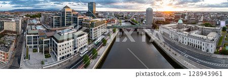 Aerial view of Dublin and river Liffey in summer, Ireland - All brands and logos removed 128943961