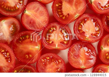 Halved Ripe Cherry Tomatoes Macro Top View. Natural Food Texture. 128944015
